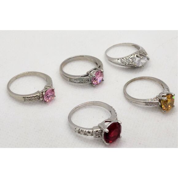 RINGS-DIAMOND CANDLE RINGS-Lot of 5-Size 9-Different "Stones"-Silver Tone - Picture 2 of 16